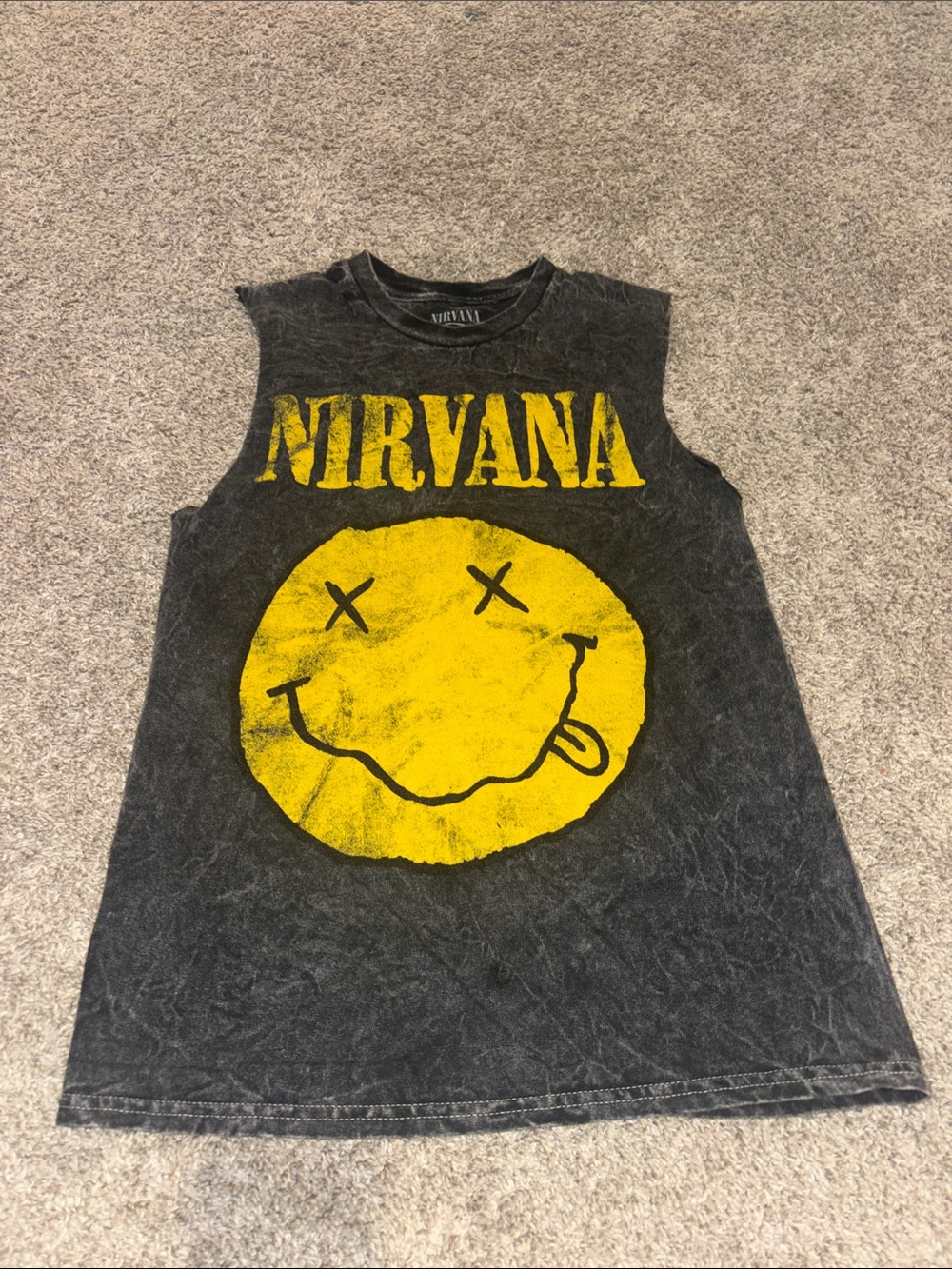 NIRVANA Black Sleeveless Tank with Yellow Smiley Graphic